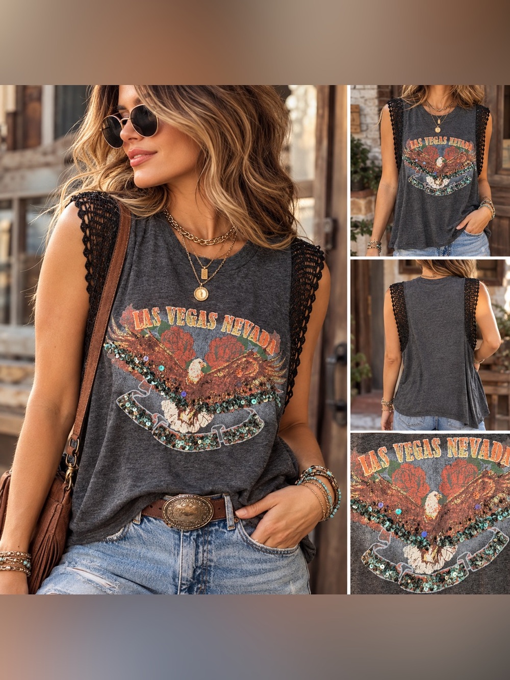 Free People Las Vegas Nevada Embellished Graphic Tank Top Size Large